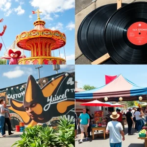 A collage depicting various weekend events in San Antonio with live music and festive activities.