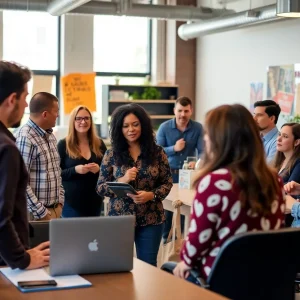 Diverse group of employees discussing inclusion in the workplace