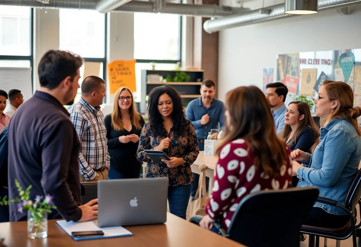 Diverse group of employees discussing inclusion in the workplace