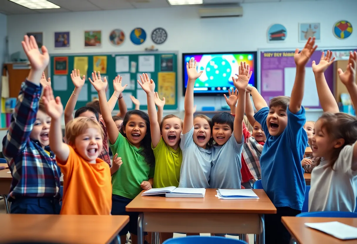 Children in a classroom celebrating