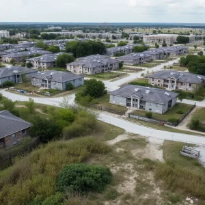 Aerial view of the vacant Scobey complex in San Antonio, highlighting the delay in housing project development.