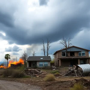 Destruction caused by a severe storm with damaged buildings and wildfires.