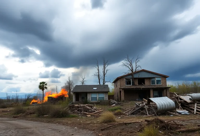 Destruction caused by a severe storm with damaged buildings and wildfires.