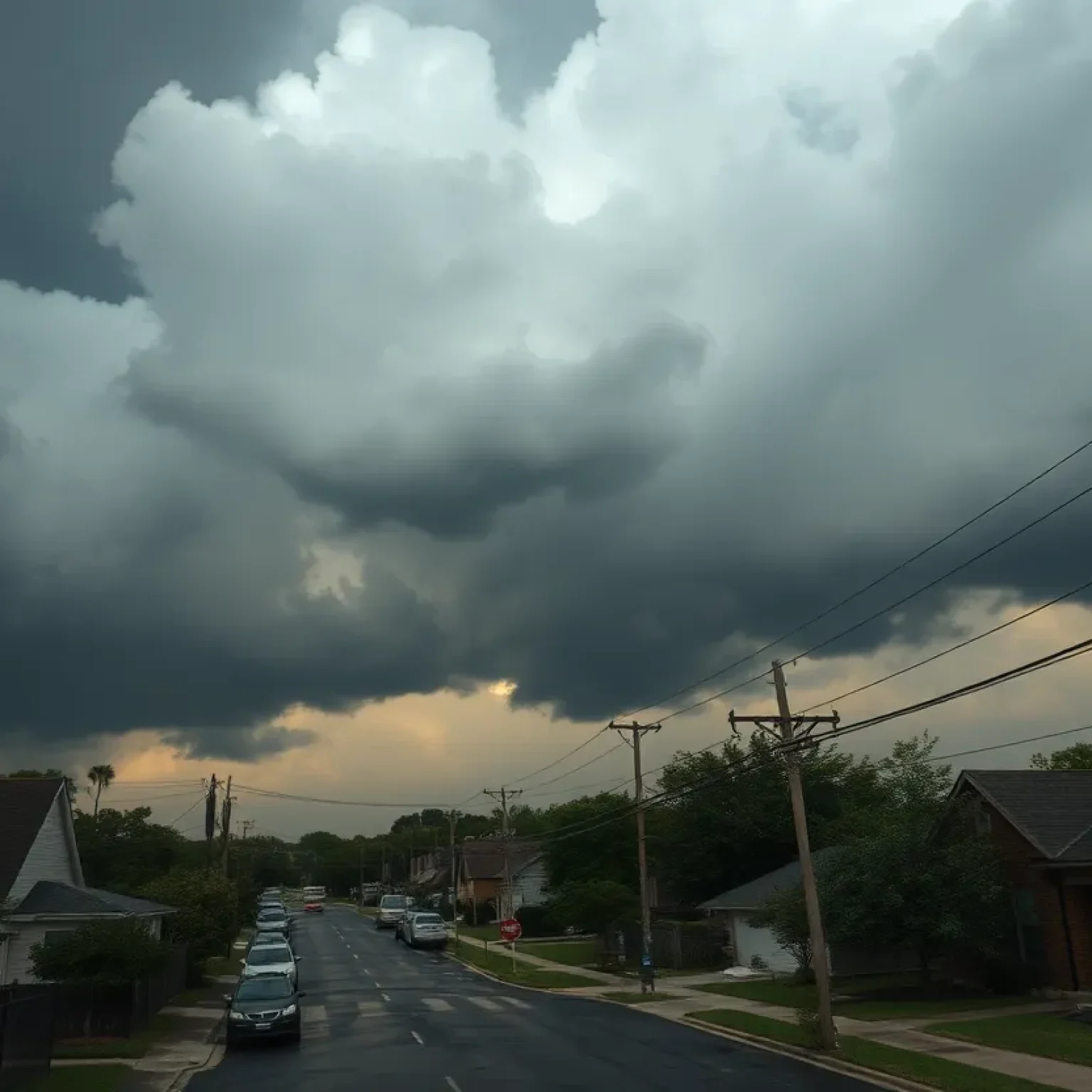 A view of stormy skies over San Antonio with high winds affecting power lines.