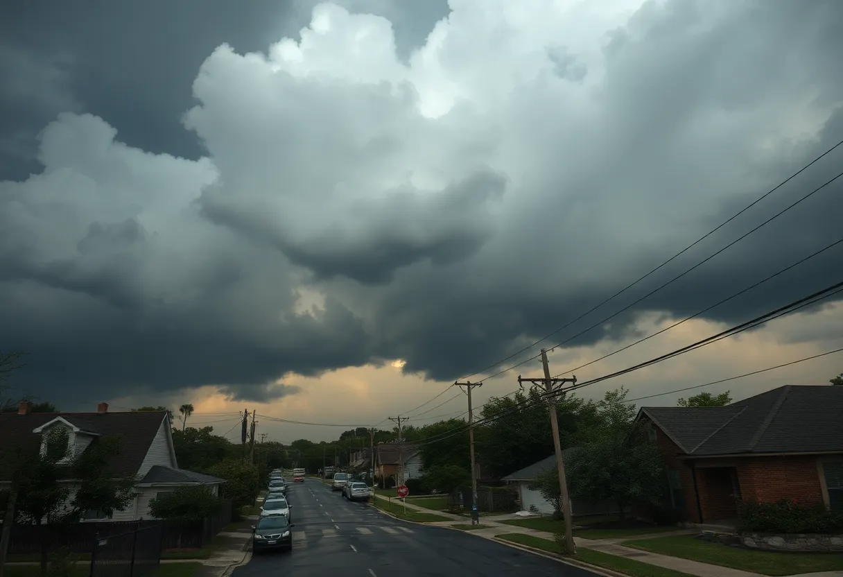 A view of stormy skies over San Antonio with high winds affecting power lines.