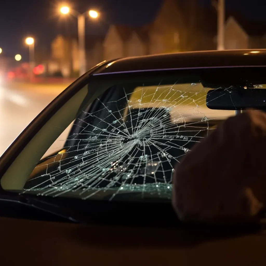 A broken car windshield with a rock on the road