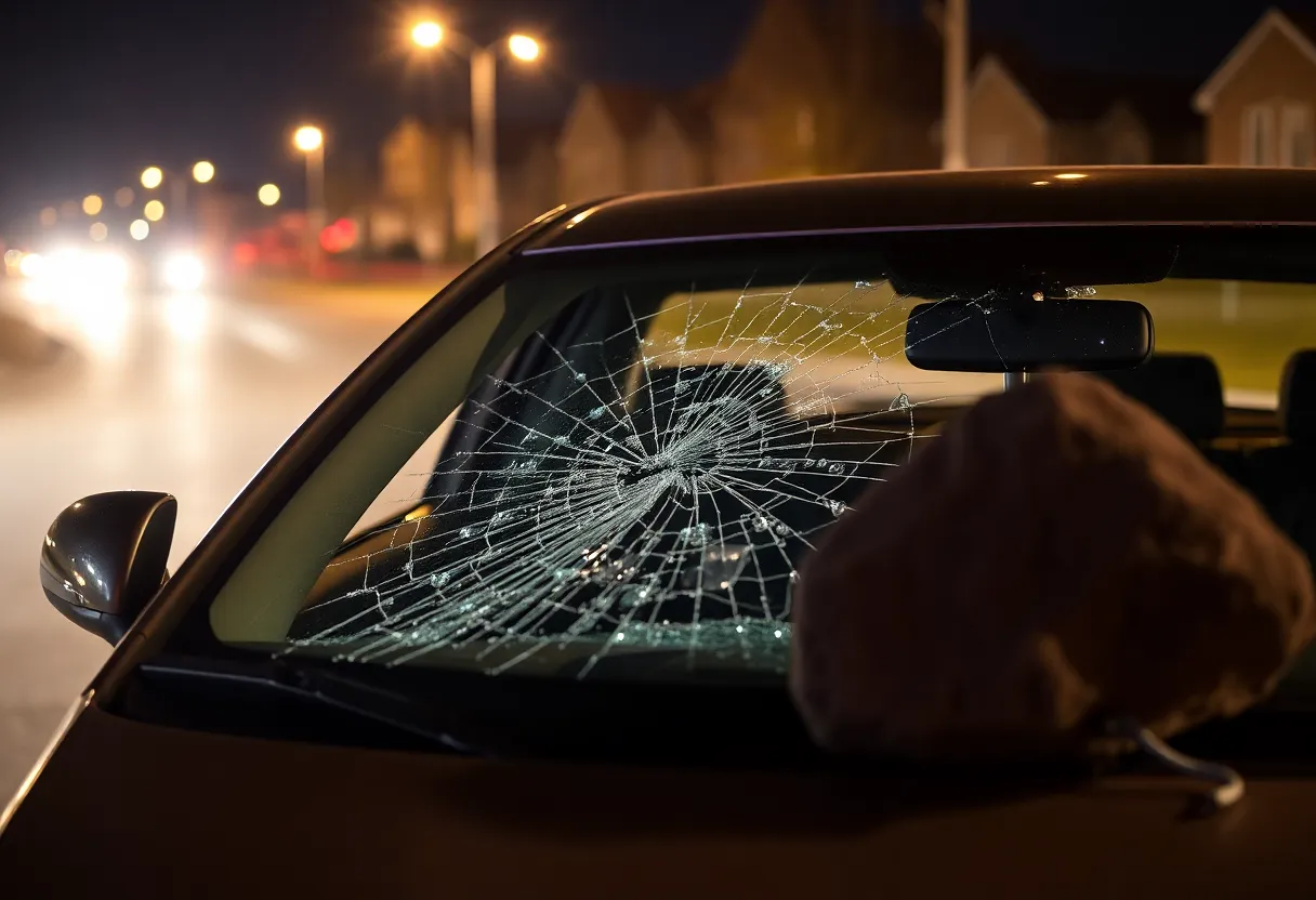 A broken car windshield with a rock on the road