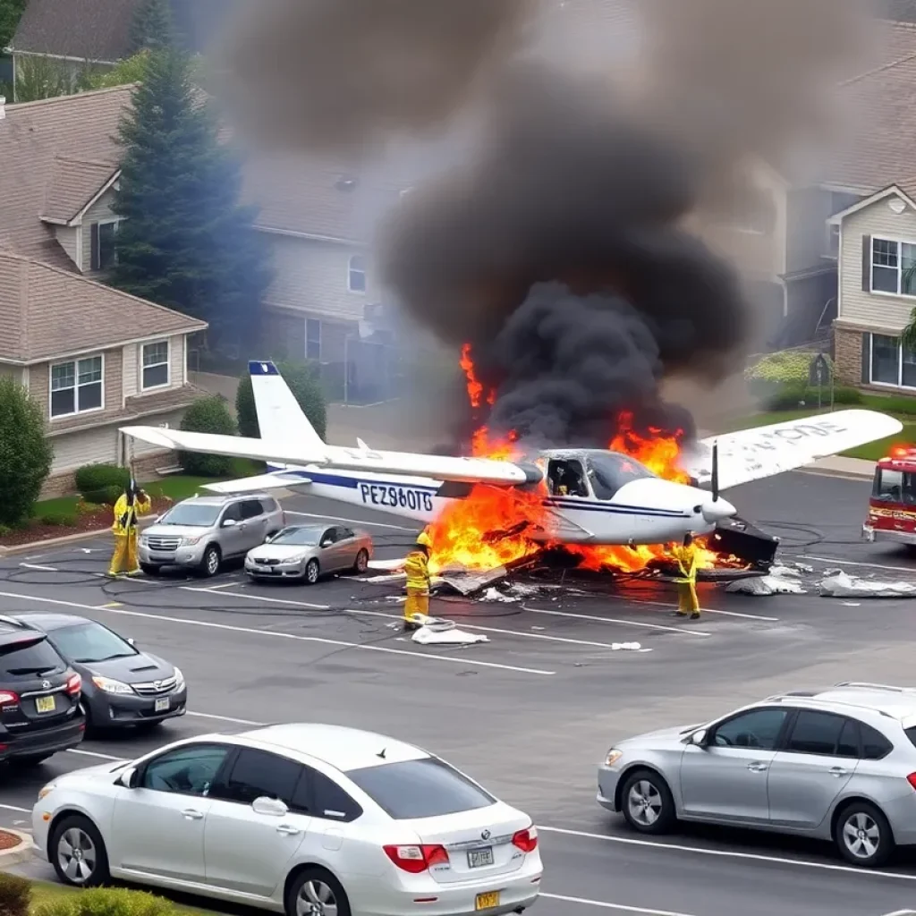 A small plane crash in a retirement community parking lot with emergency responders