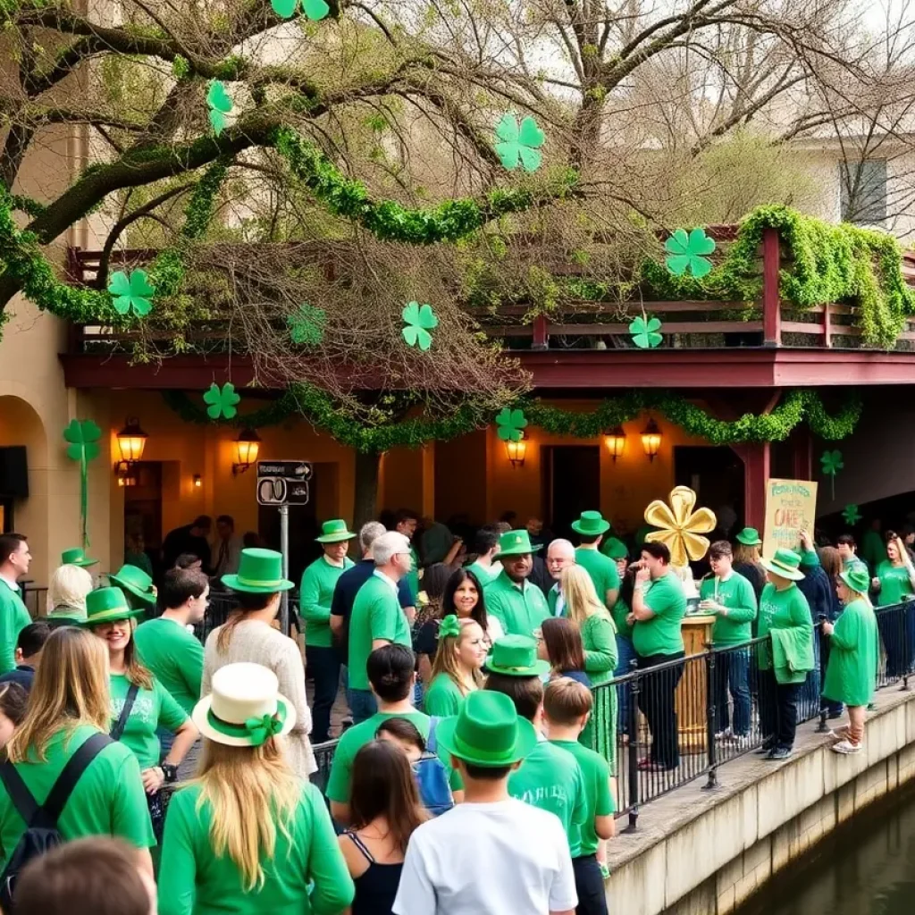 Crowd enjoying St. Patrick's Day celebrations in San Antonio with green river and festive attire