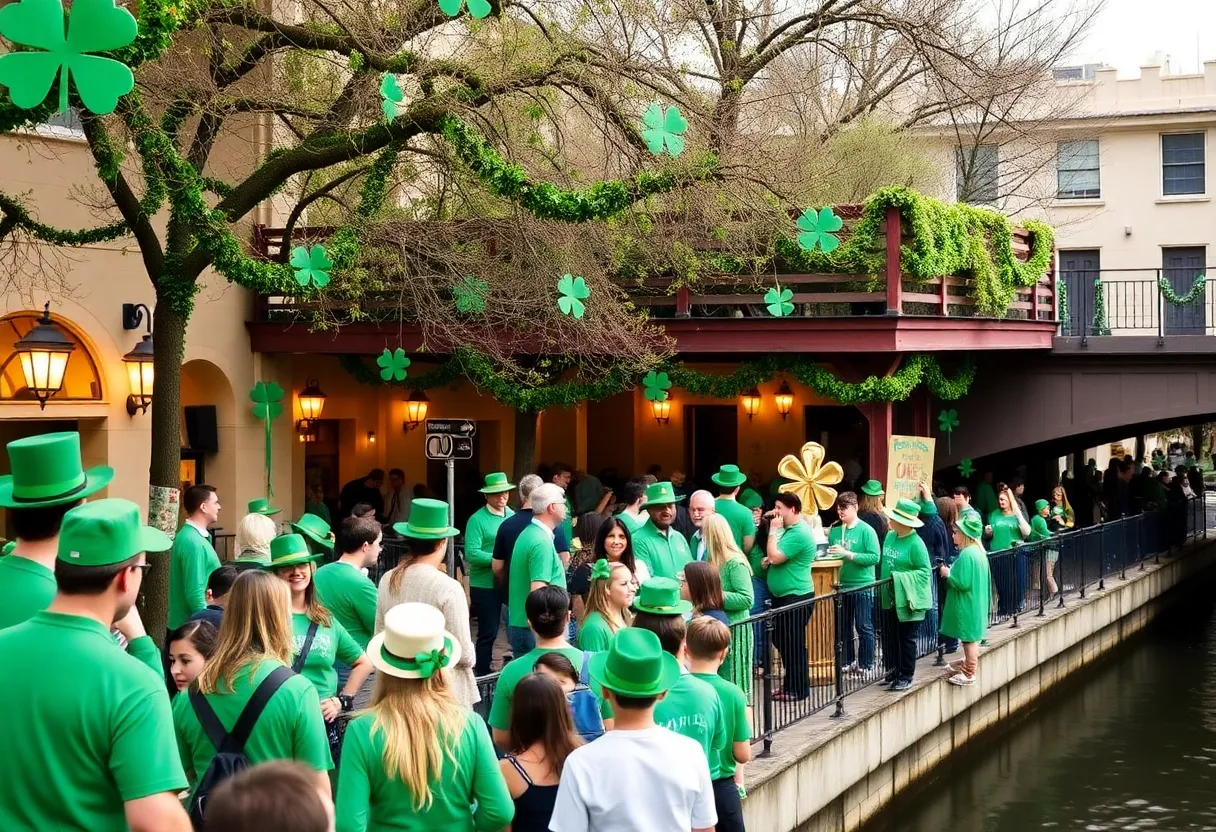 Crowd enjoying St. Patrick's Day celebrations in San Antonio with green river and festive attire