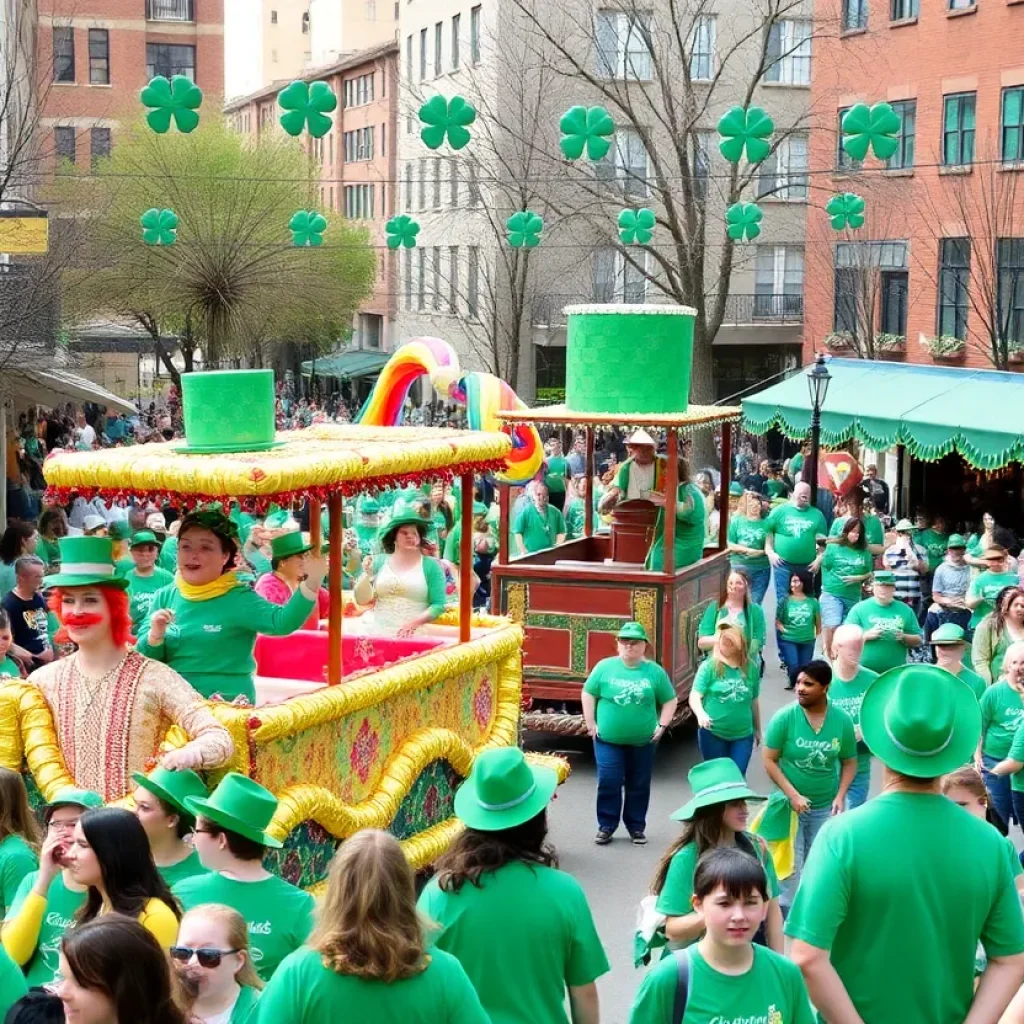 St. Patrick's Day parade with colorful floats and people celebrating in green attire