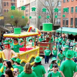 St. Patrick's Day parade with colorful floats and people celebrating in green attire