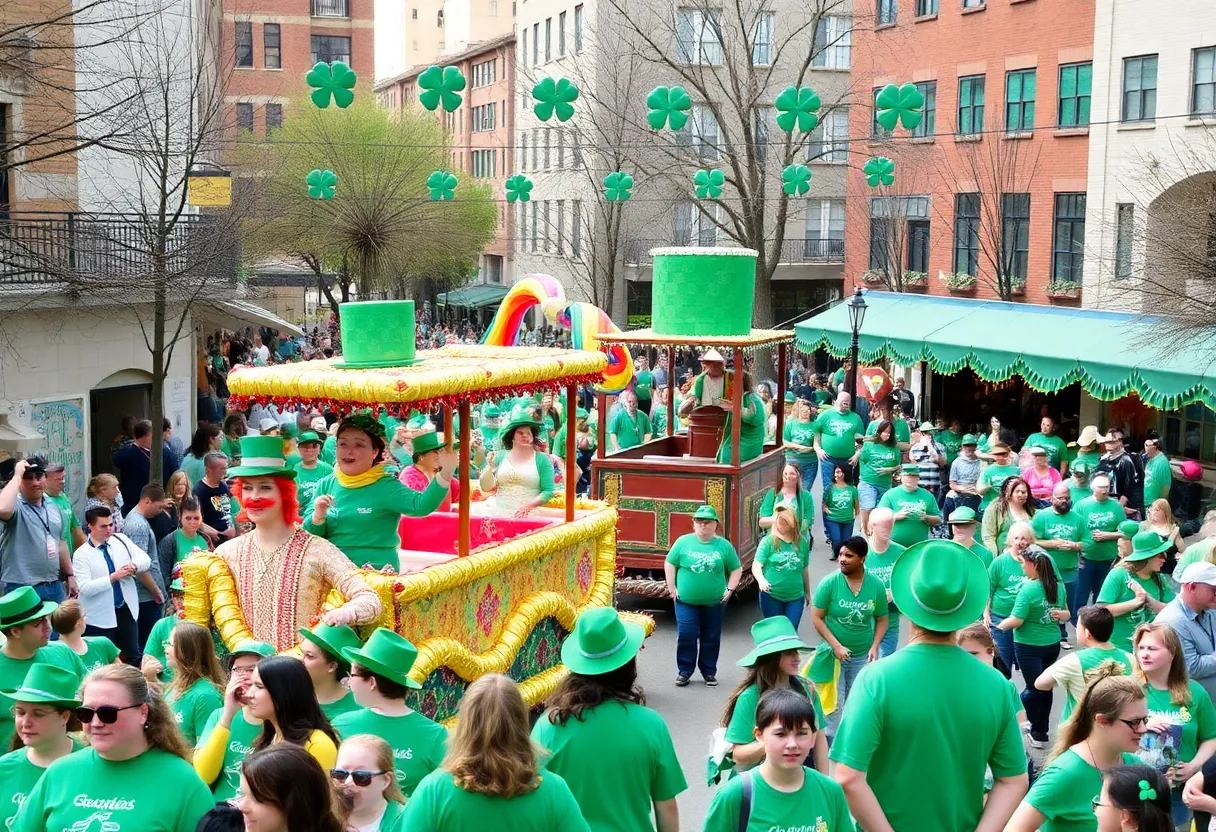 St. Patrick's Day parade with colorful floats and people celebrating in green attire