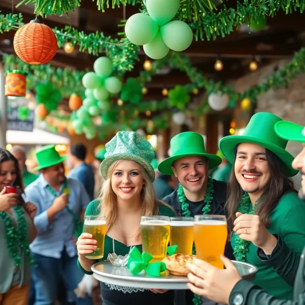 People celebrating St. Patrick's Day in San Antonio with green decorations and festive outfits.