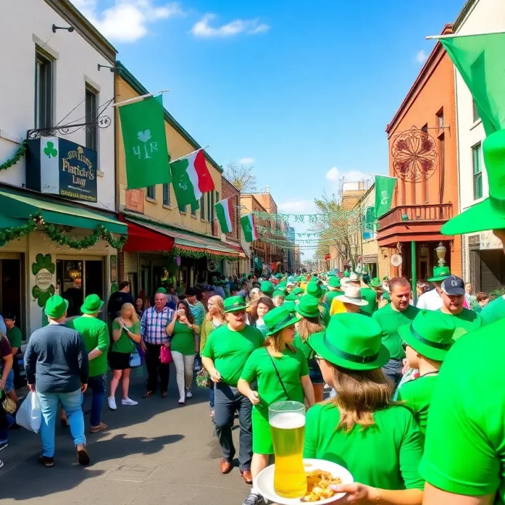 Crowds celebrating St. Patrick's Day in San Antonio with food and drinks.