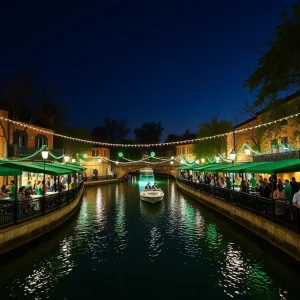 Crowds celebrating St. Patrick's Day in San Antonio with food and drinks.