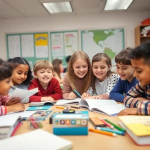 Students participating in a classroom activity with modern learning resources.