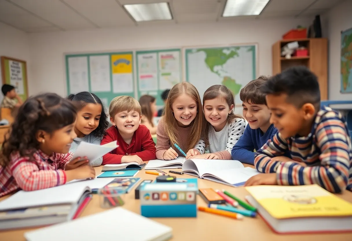 Students participating in a classroom activity with modern learning resources.