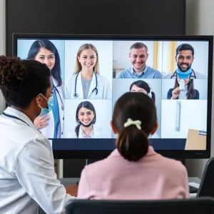 Healthcare professionals conducting a virtual consultation through a computer screen.