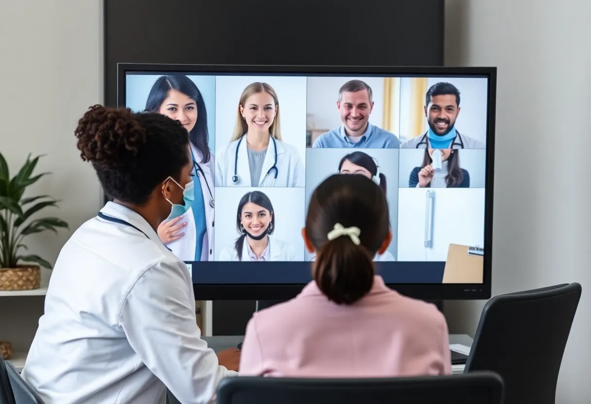 Healthcare professionals conducting a virtual consultation through a computer screen.