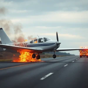 A small plane crash site with flames and smoke near a highway.