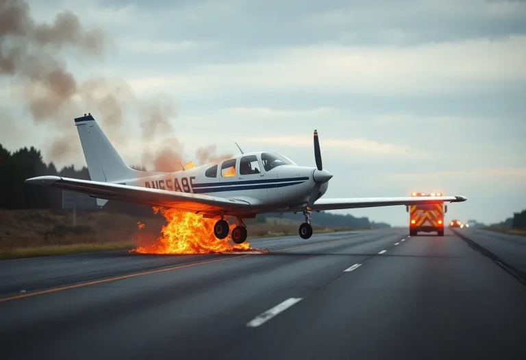 A small plane crash site with flames and smoke near a highway.