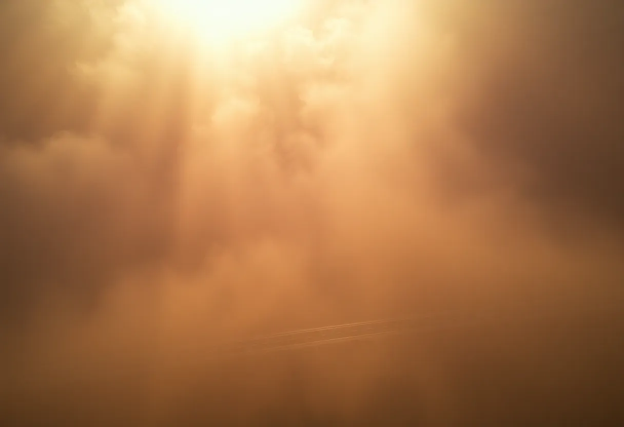 Aerial view of a dust storm sweeping across Texas with low visibility.