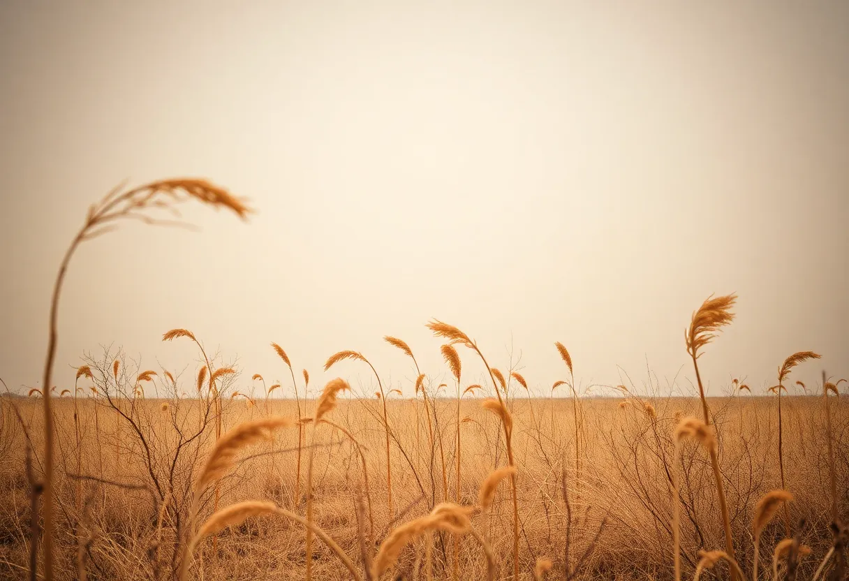 Dry landscape with high winds representing wildfire danger in Texas