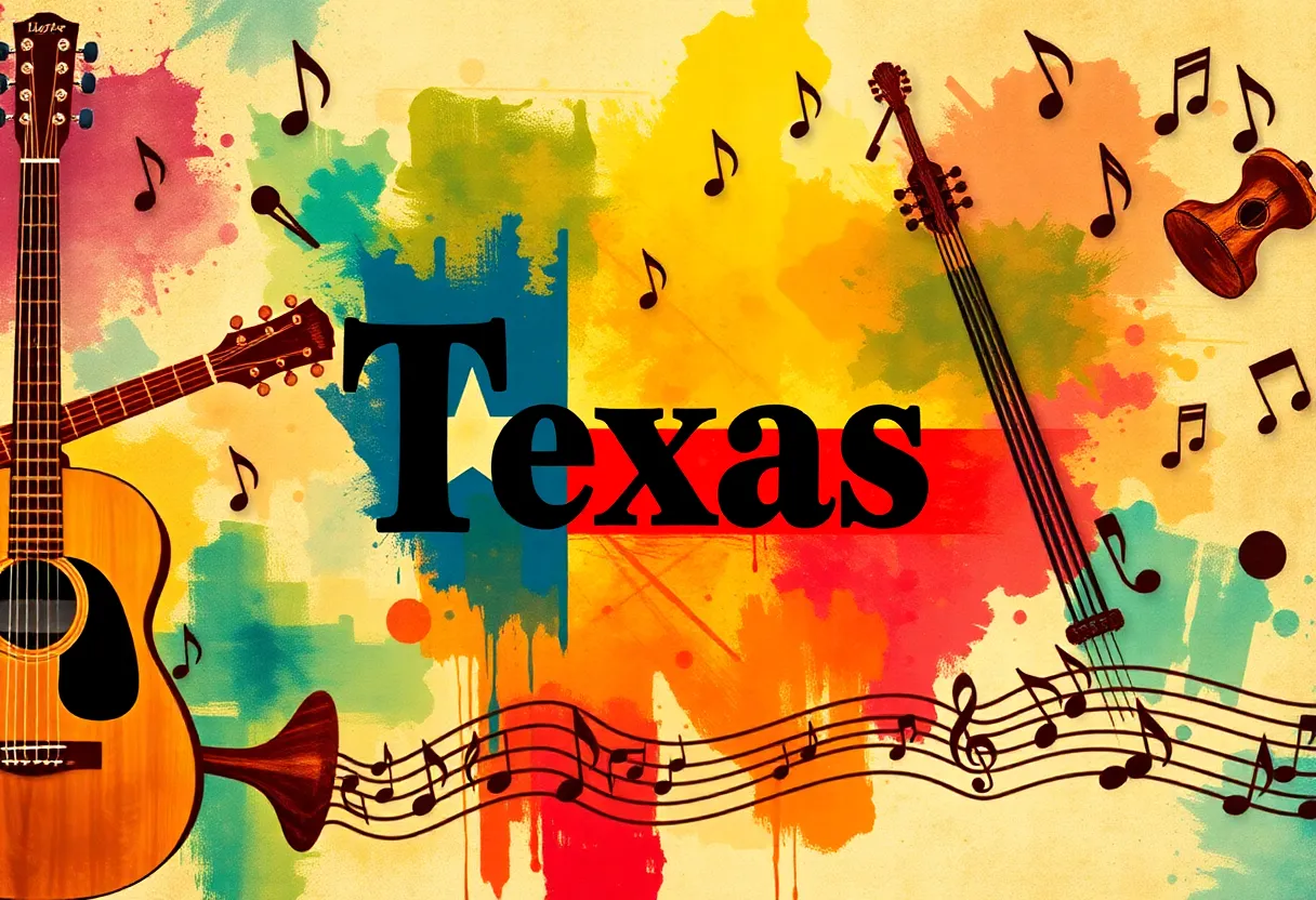 Artwork depicting the Texas Sounds digital music series with musical elements