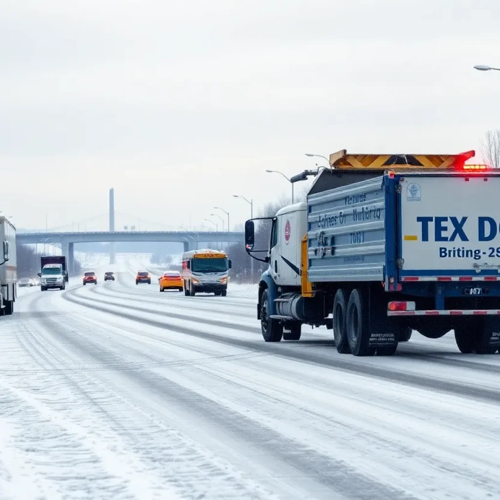 TxDOT truck applying brine on icy Texas roads