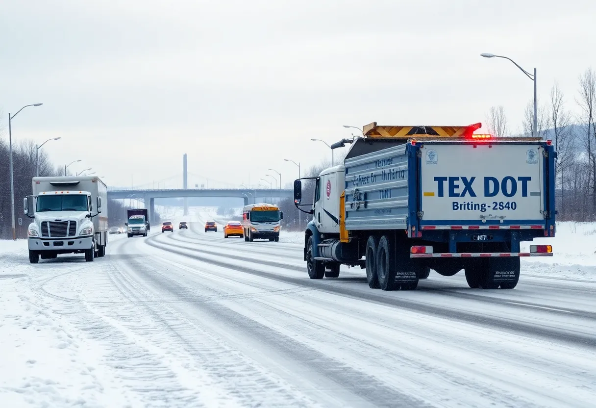 TxDOT truck applying brine on icy Texas roads