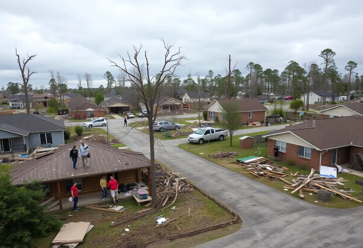 A community banding together after a tornado outbreak, showing damaged homes and people assisting each other.