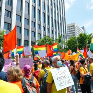 Demonstrators protesting at Trump Tower, showcasing solidarity for Palestinian rights.