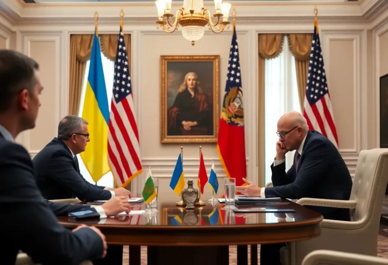 Diplomatic meeting between Ukraine and U.S. leaders with tense expressions.