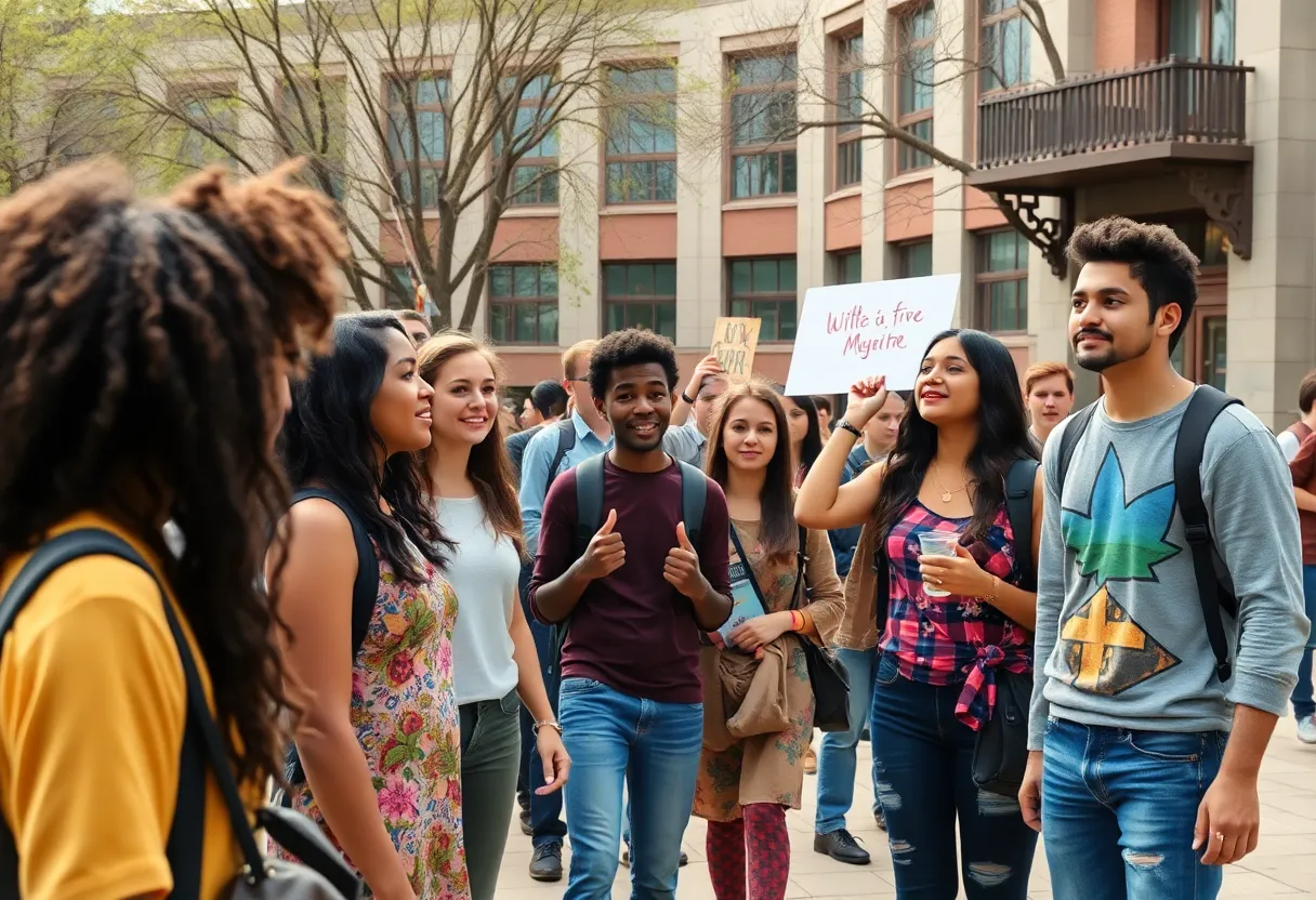 University students discussing issues of creativity and expression