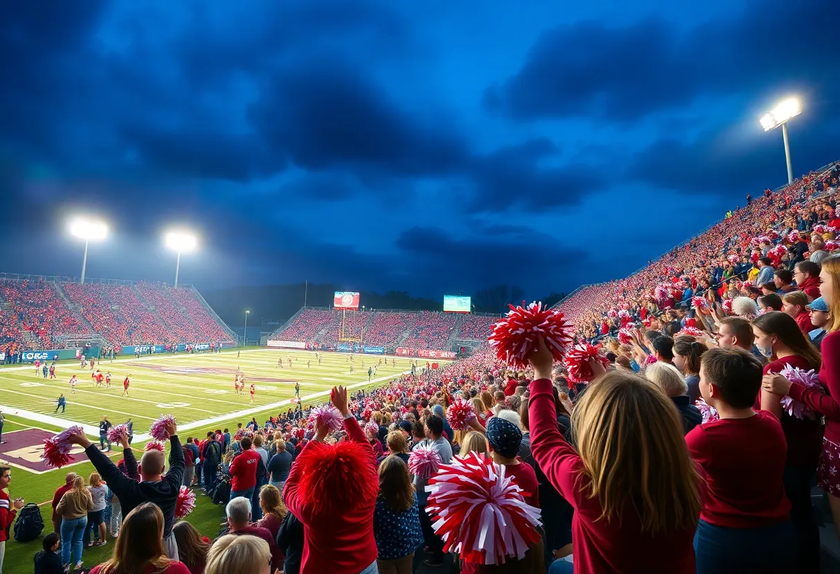 Excited fans cheering at a university football game