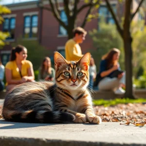 A stray cat lounging in the sun on a university campus