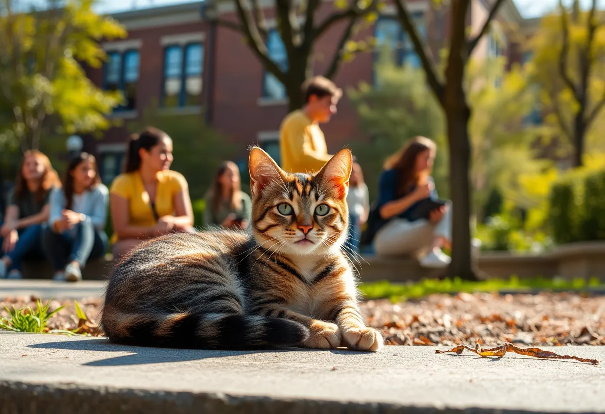 A stray cat lounging in the sun on a university campus