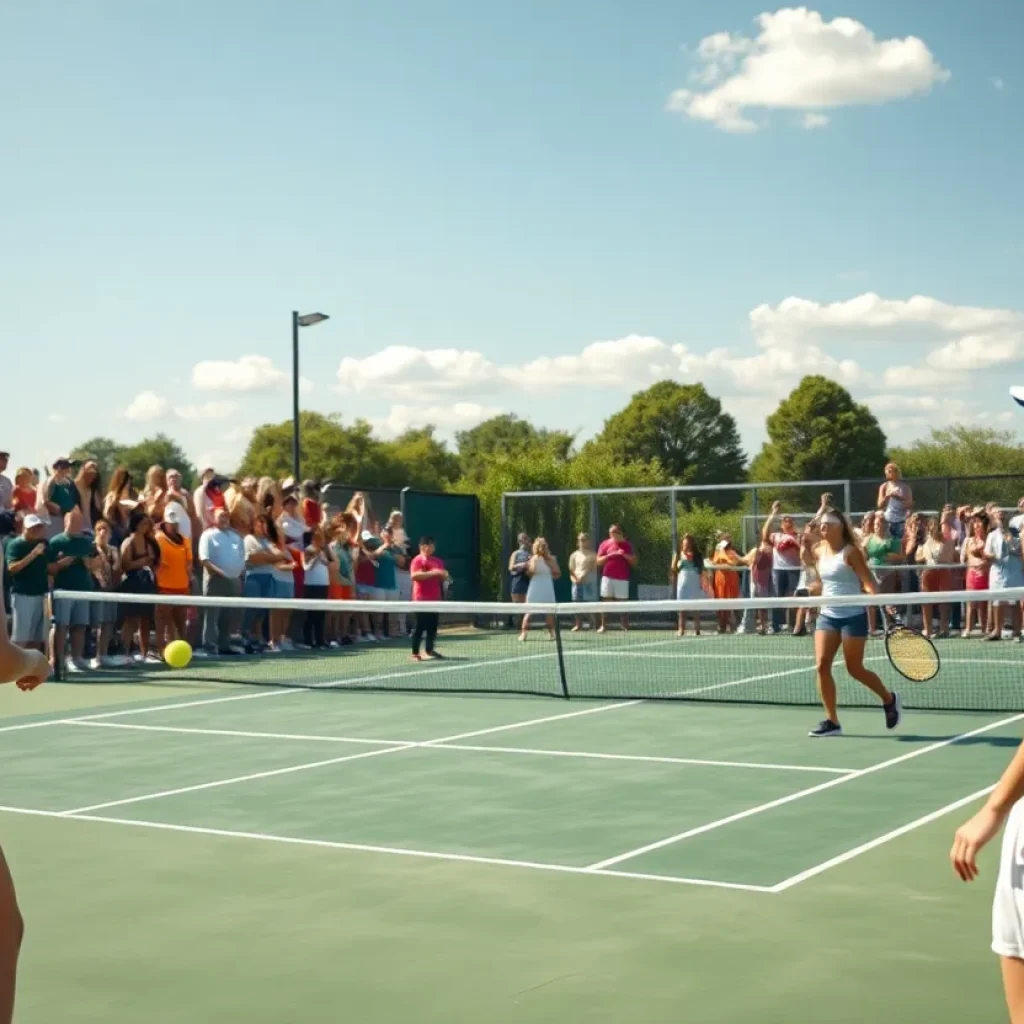 Women's college tennis match with players in action at the UTSA Tennis Center