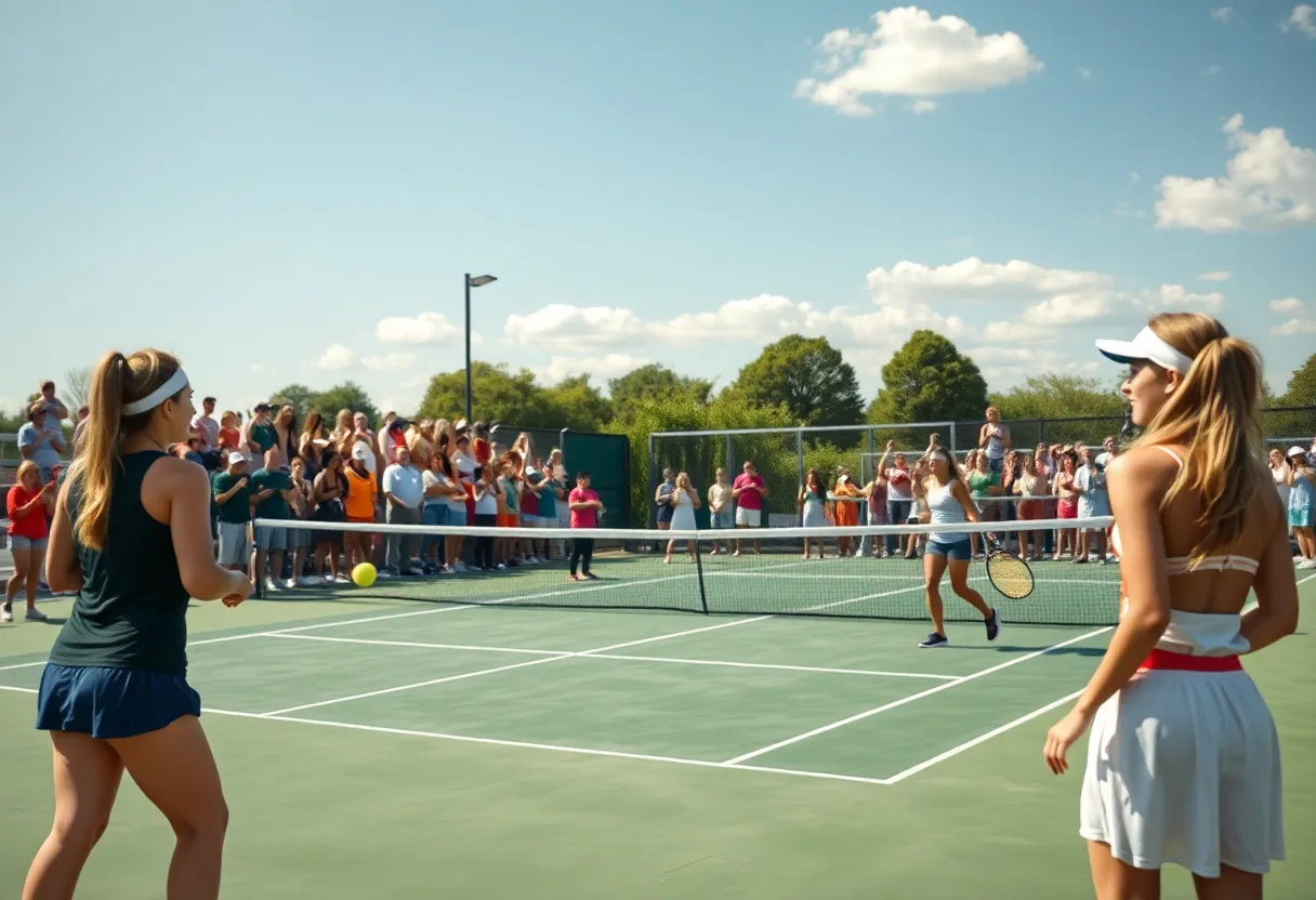 Women's college tennis match with players in action at the UTSA Tennis Center