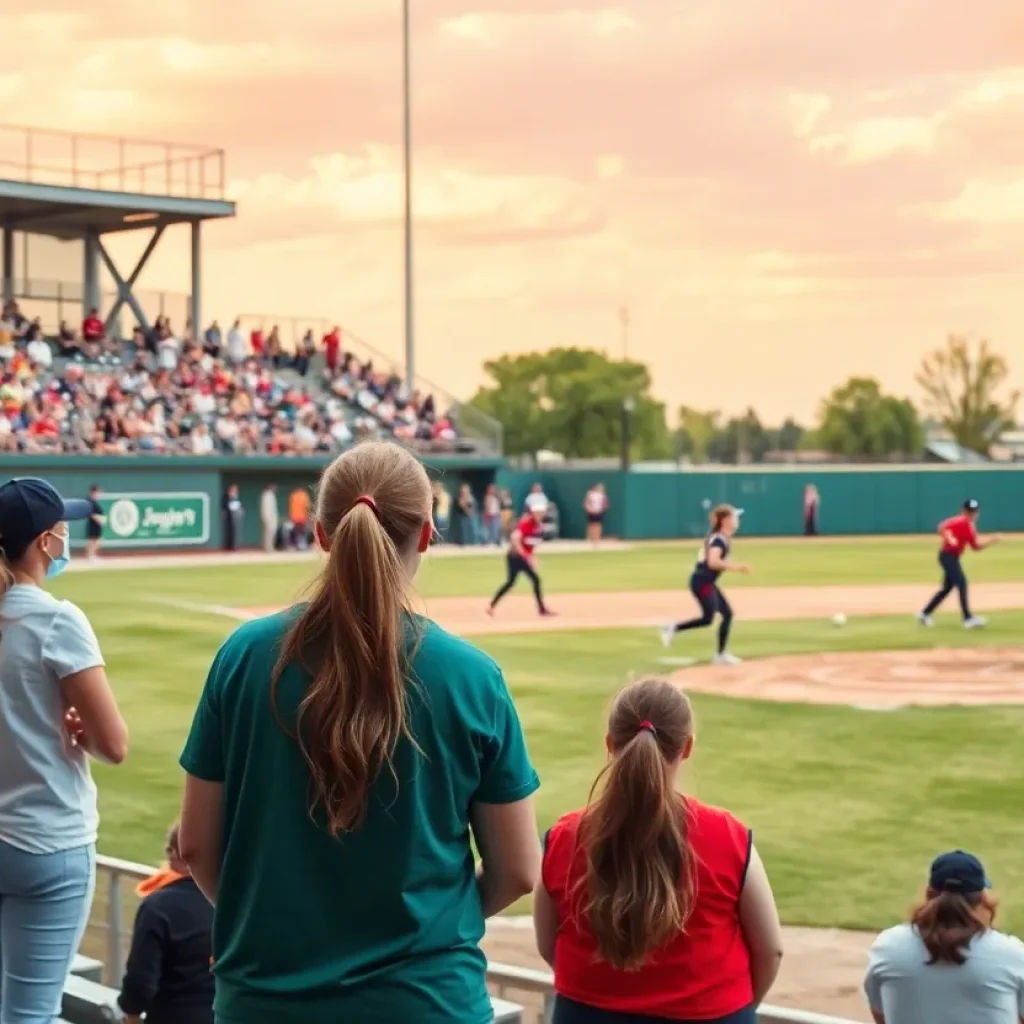 College softball teams competing in a game at Allan Saxe Softball Field