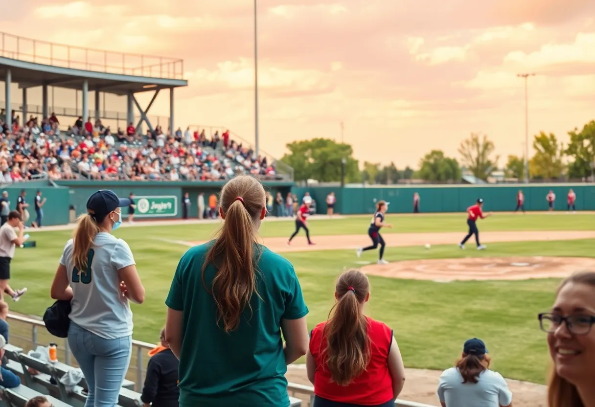 College softball teams competing in a game at Allan Saxe Softball Field