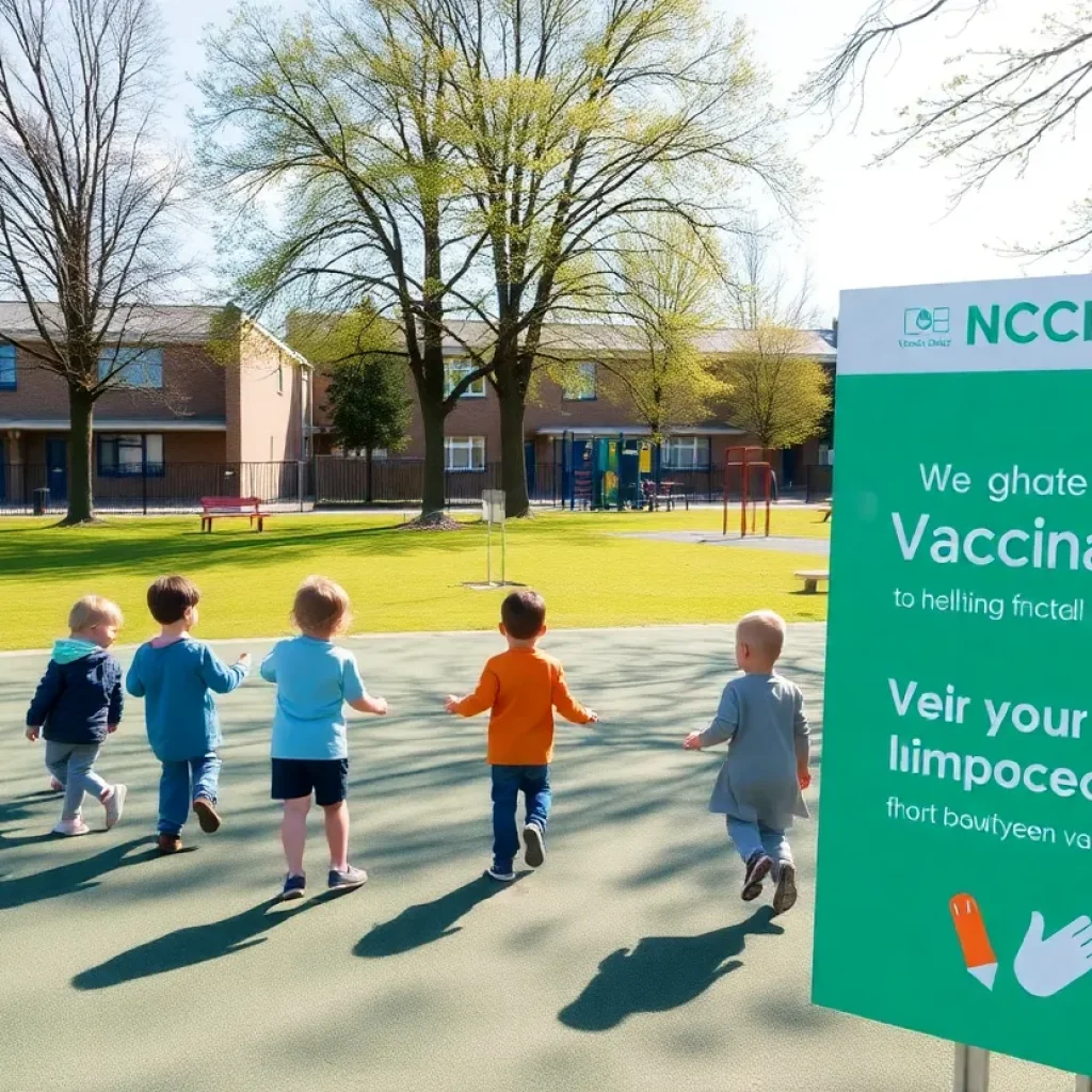 Children playing in a school playground with a vaccination awareness poster.