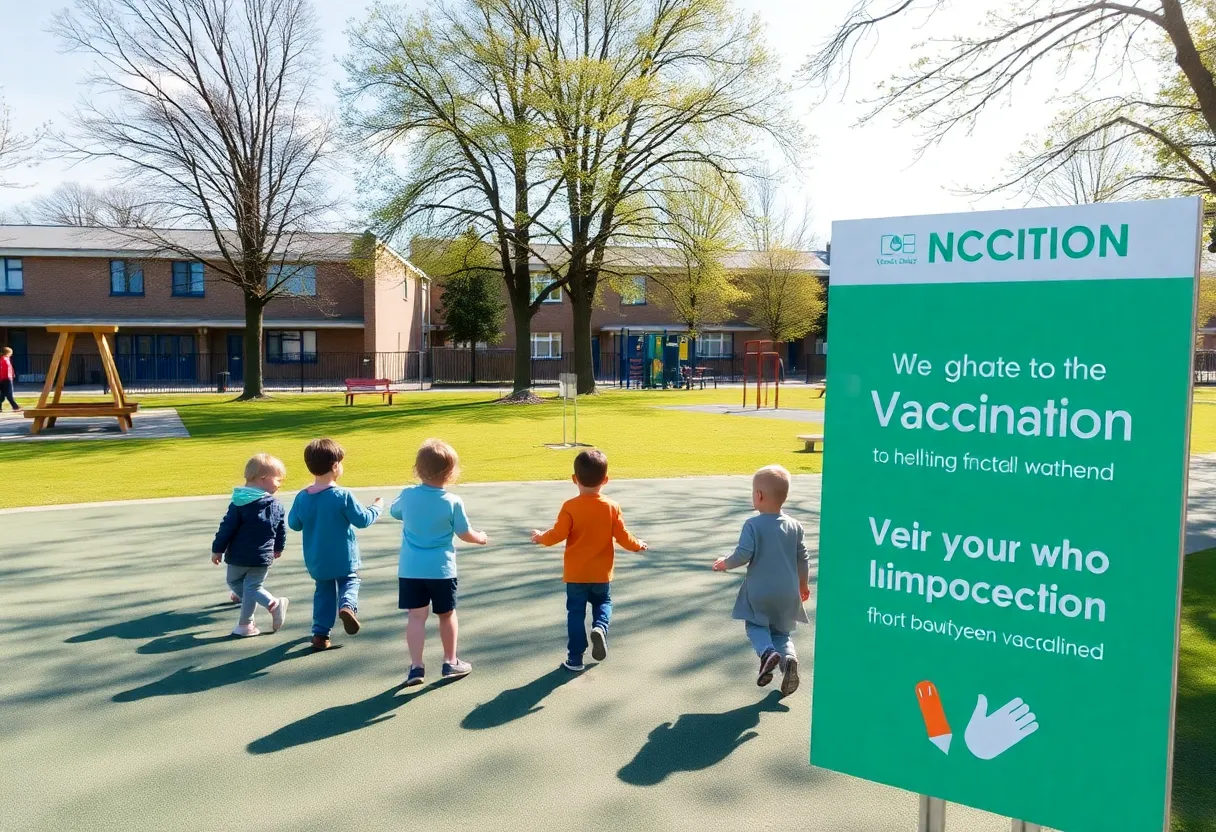 Children playing in a school playground with a vaccination awareness poster.