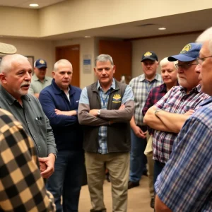 Veterans in a community meeting expressing concerns about potential job cuts