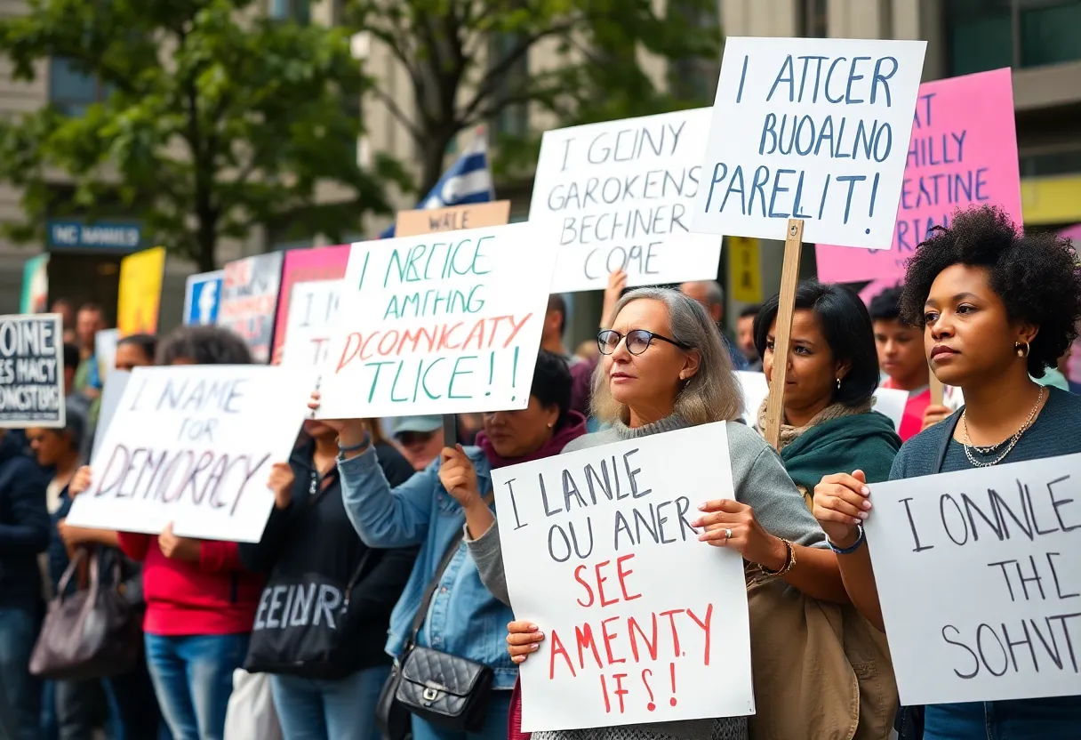 Protesters gathering in downtown San Antonio for the 50501 Movement demonstration.