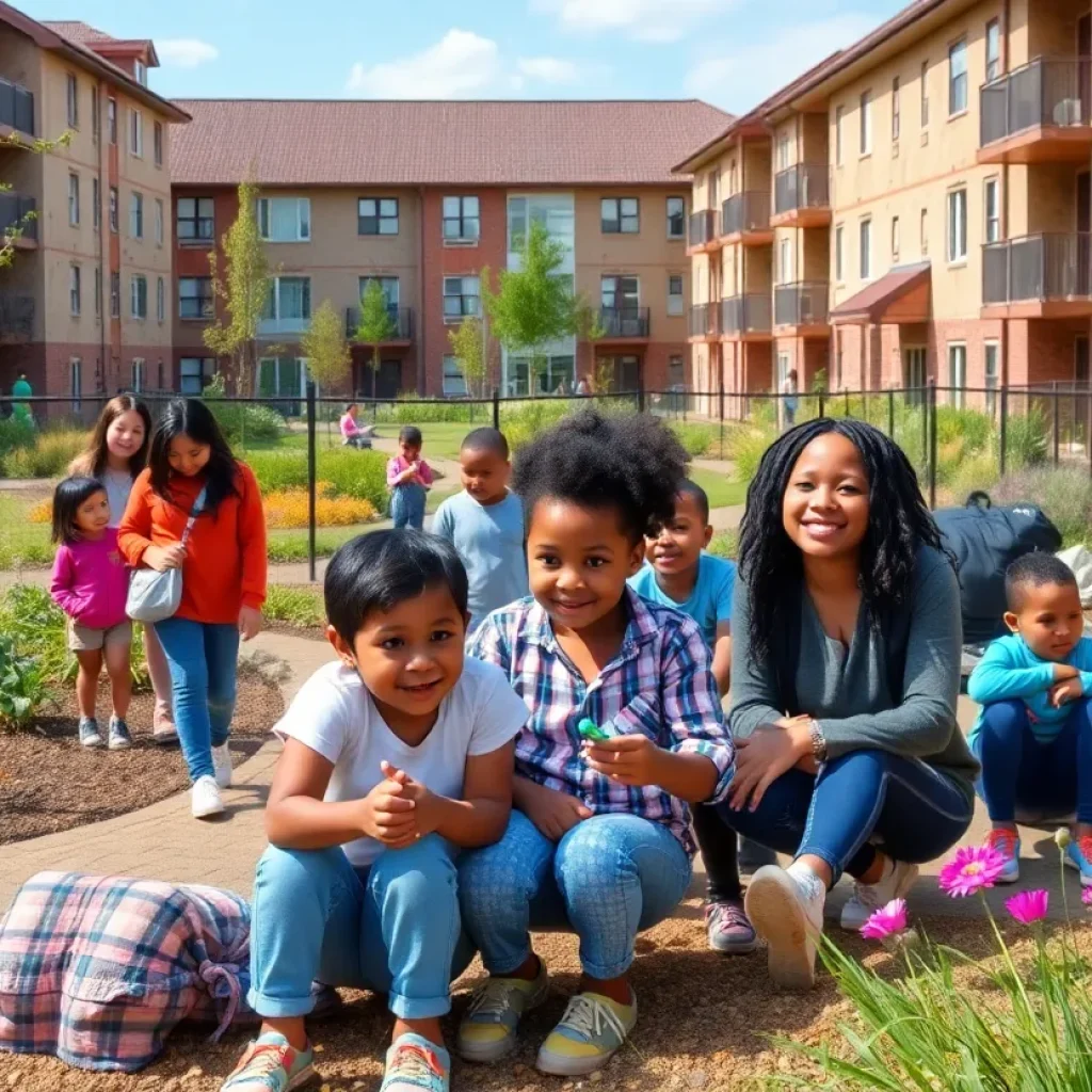 Families enjoying community spaces in San Antonio's new affordable housing project.