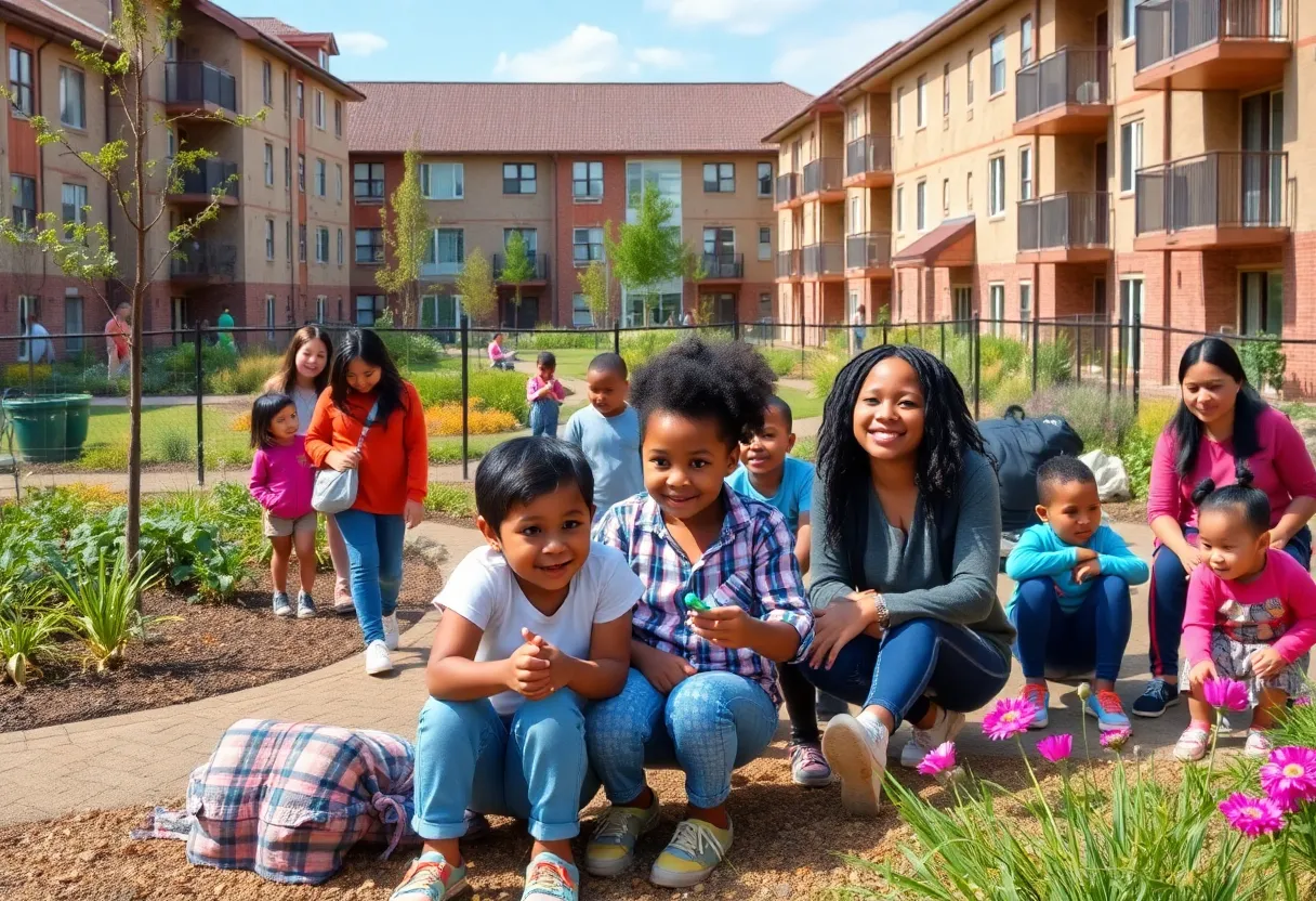 Families enjoying community spaces in San Antonio's new affordable housing project.