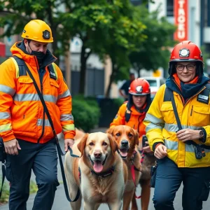 Search and rescue team with dogs in urban setting