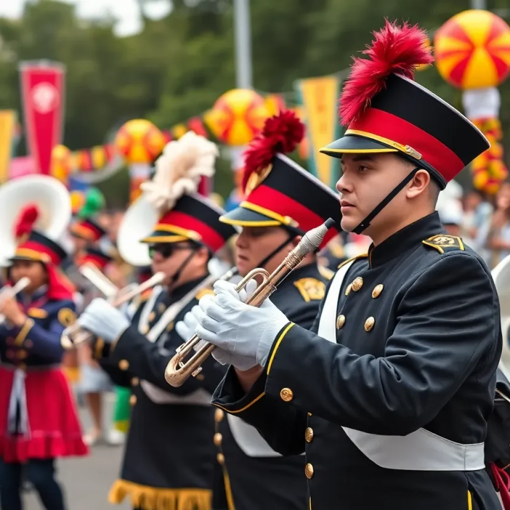 Marching bands performing at the Battle of Flowers Festival